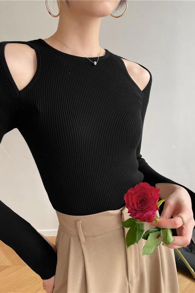 Retro Crew Neck Off-Shoulder Split-Cuff Slim Knit Top - Image 7