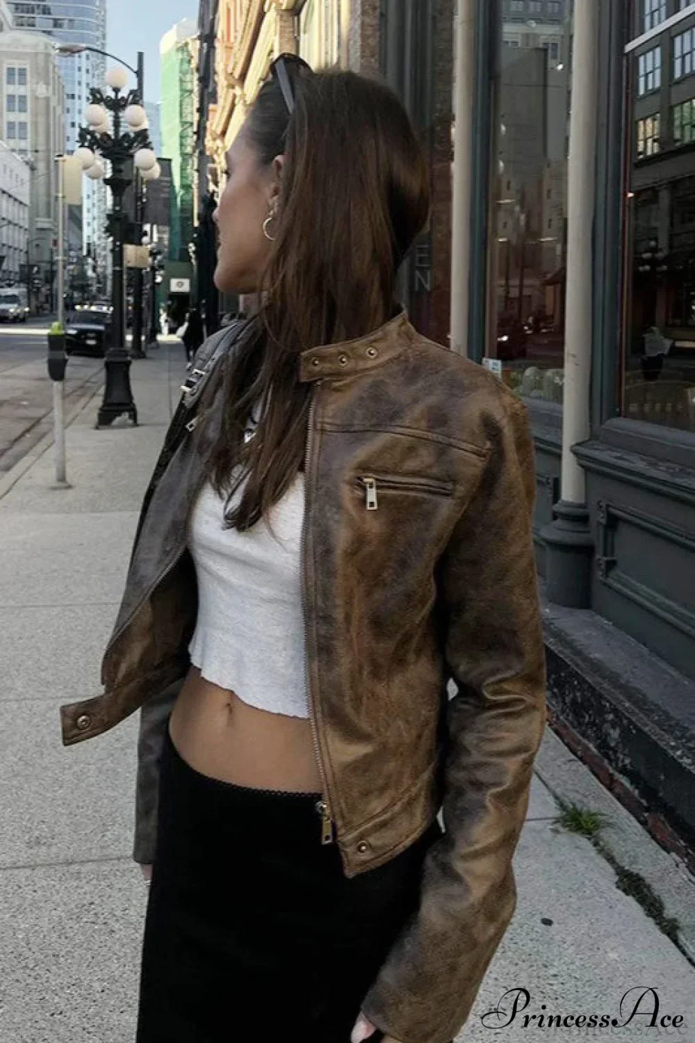 Retro Distressed Coffee Cropped Stand-Collar PU Jacket - Image 4