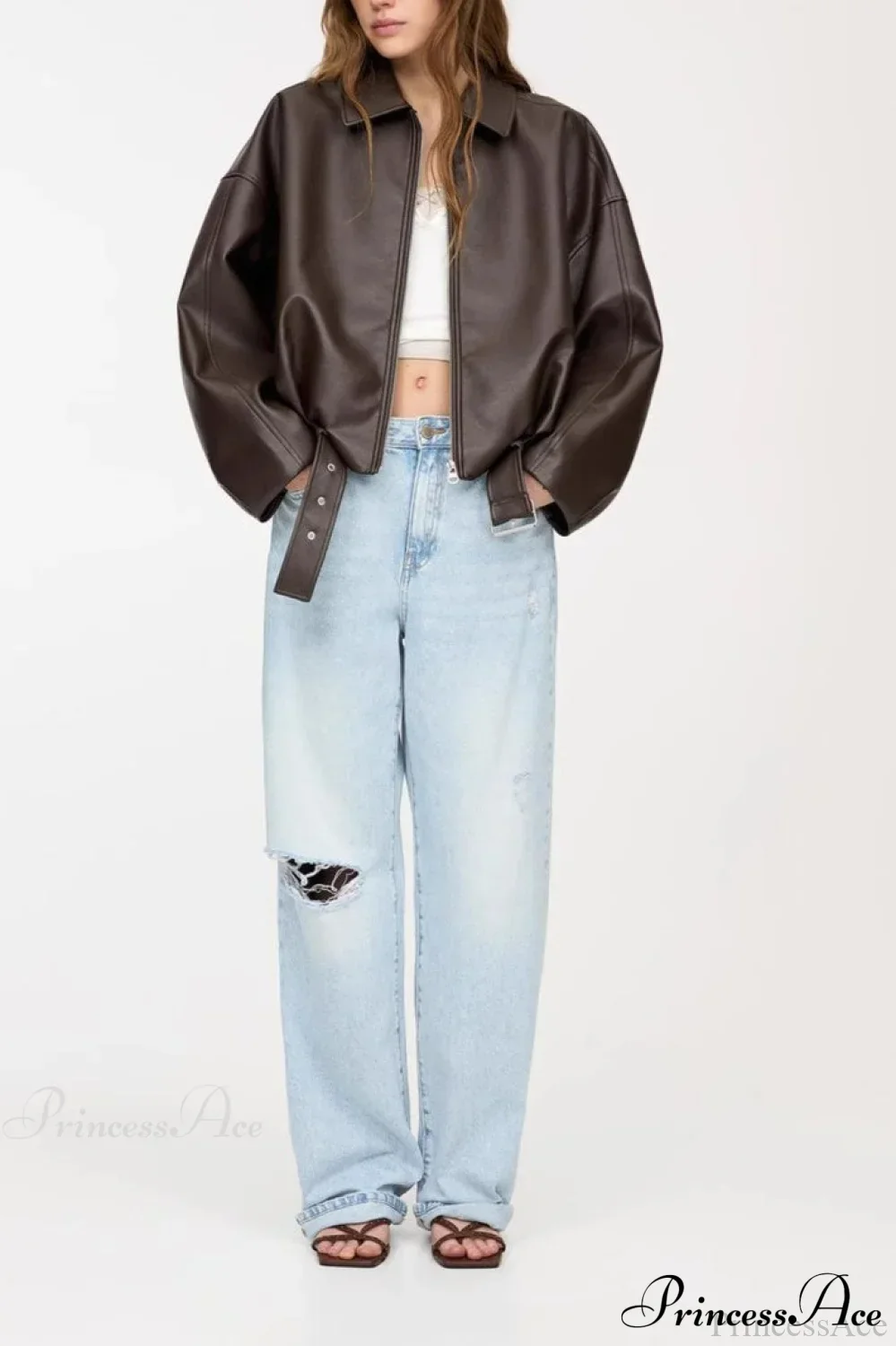 Retro Faux Leather Bomber Jacket - Image 3