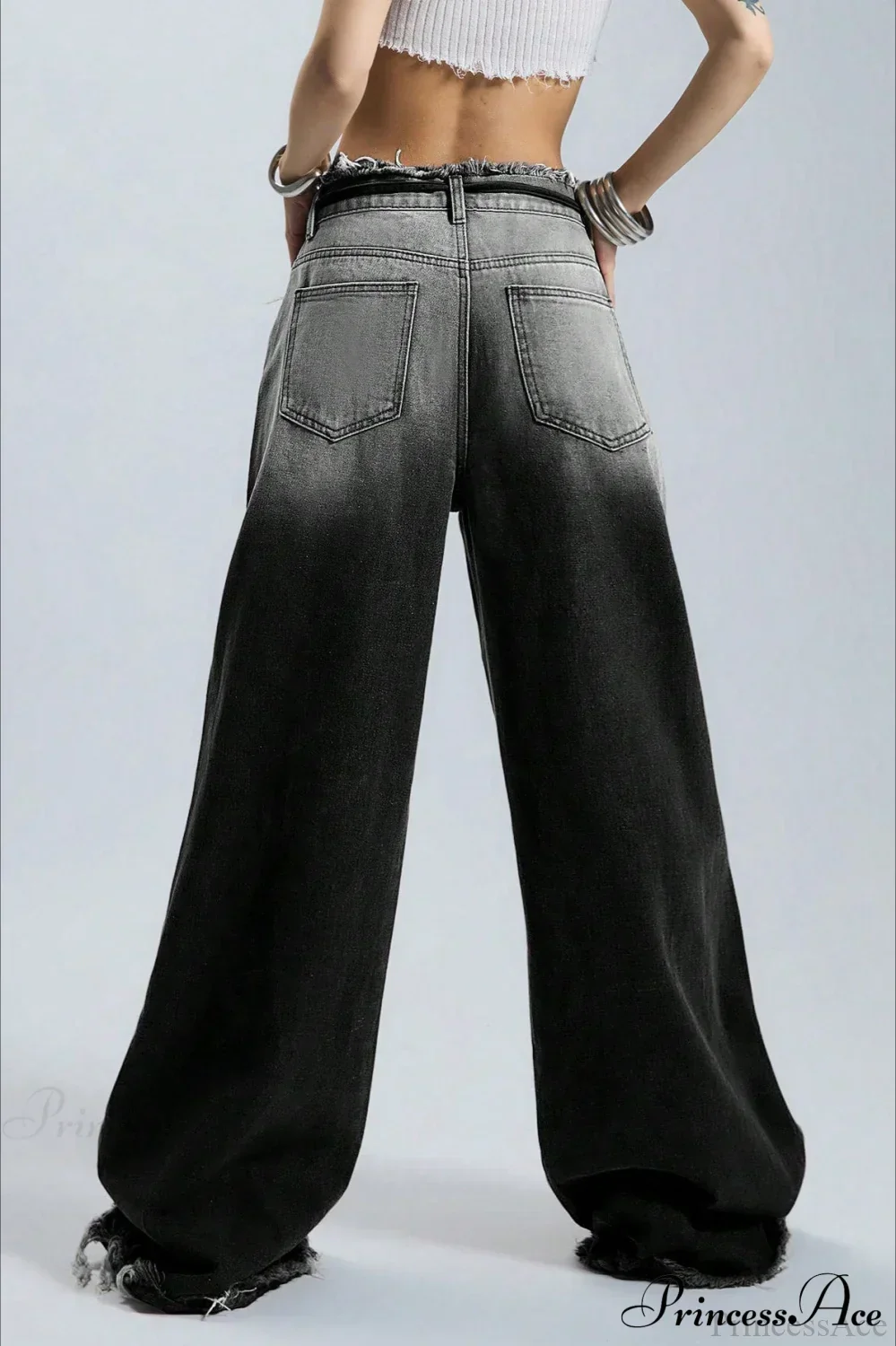 Retro Frayed Waist Ombre Straight Wide Leg Jeans - Image 3