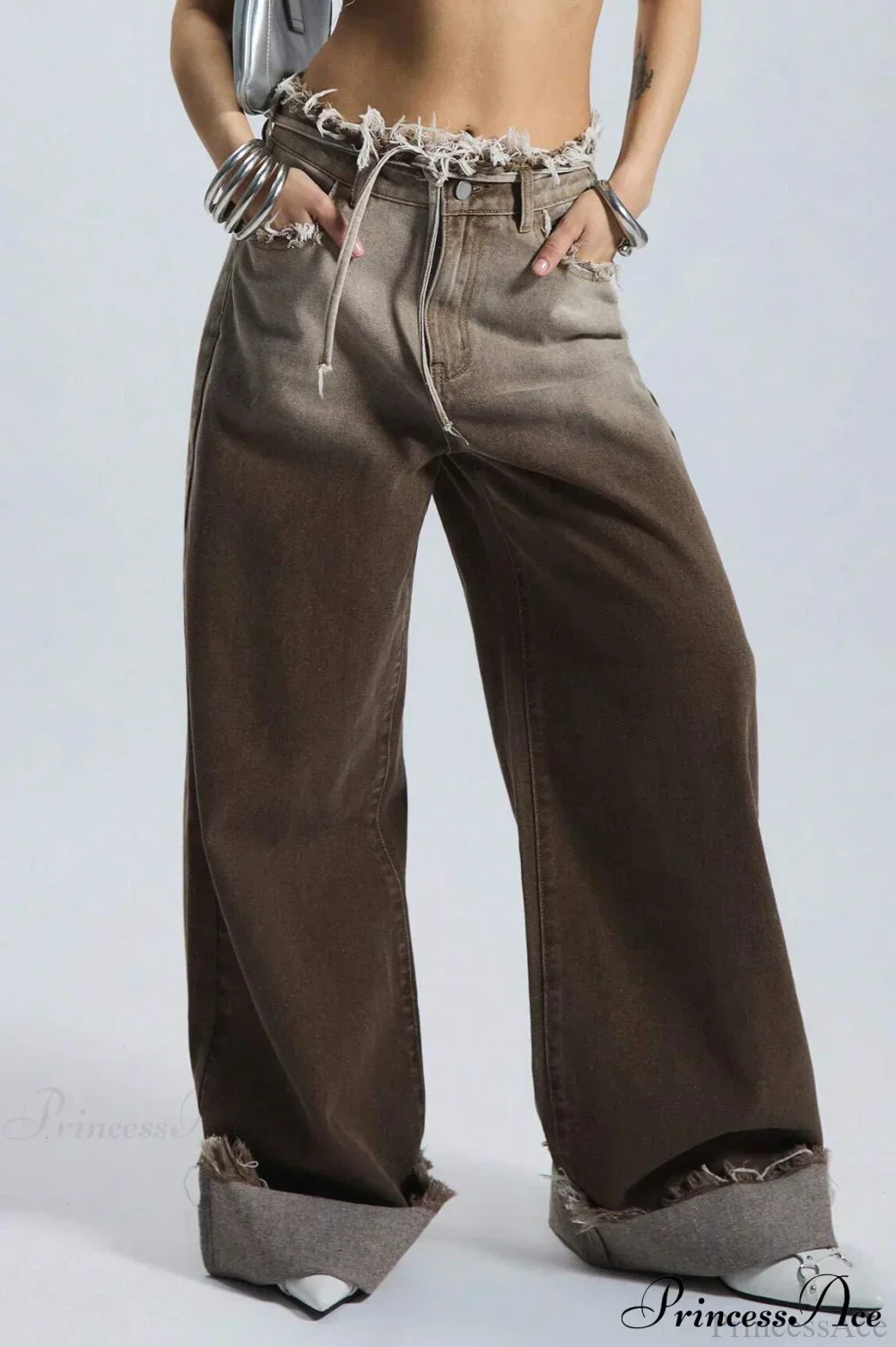 Retro Frayed Waist Ombre Straight Wide Leg Jeans - Image 4