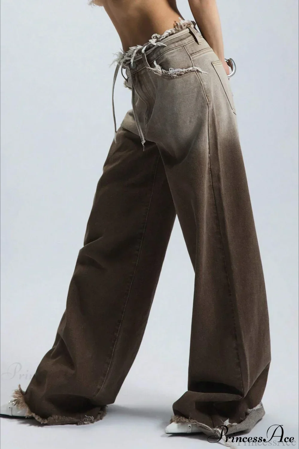 Retro Frayed Waist Ombre Straight Wide Leg Jeans - Image 5