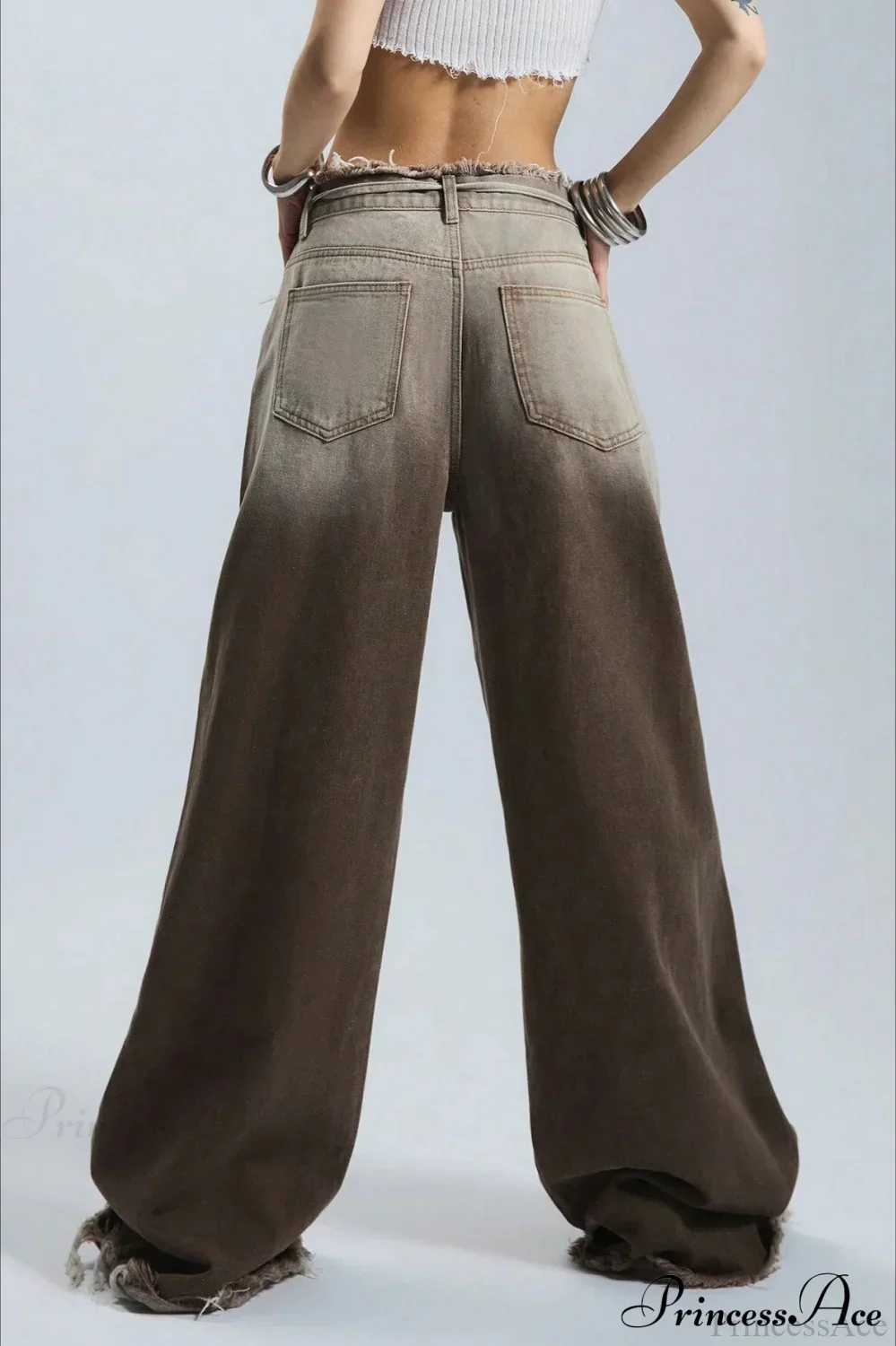 Retro Frayed Waist Ombre Straight Wide Leg Jeans - Image 6