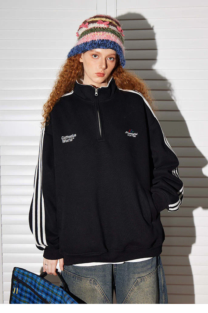 Retro Half-Zip Stand Collar Sweatshirt - Image 2