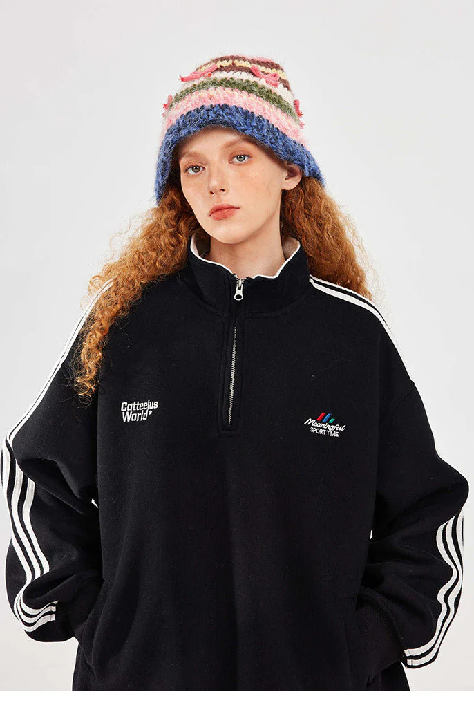 Retro Half-Zip Stand Collar Sweatshirt - Image 3