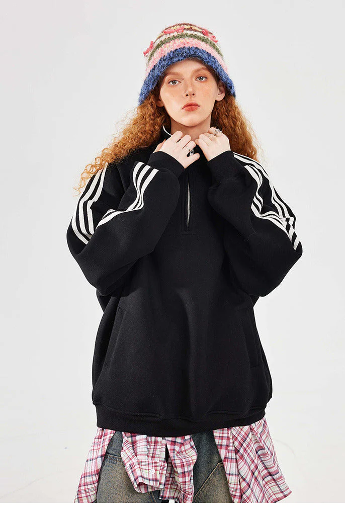 Retro Half-Zip Stand Collar Sweatshirt - Image 4