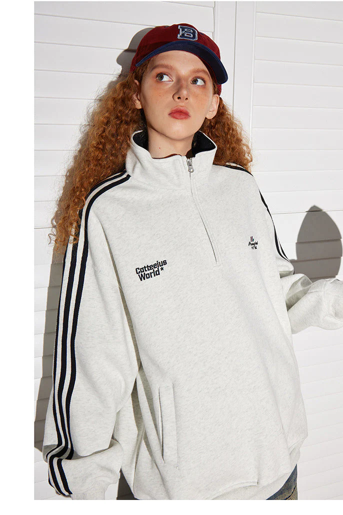 Retro Half-Zip Stand Collar Sweatshirt - Image 7