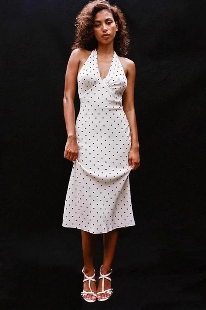 Retro Halter V Neck Polka Dot Sexy Midi Dress - Image 3