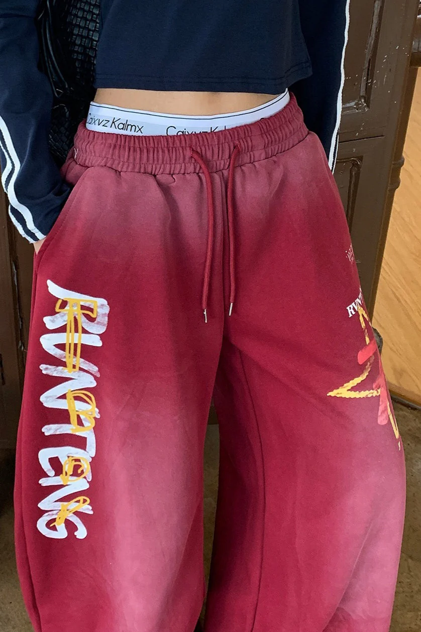 Retro High Waist Drawcord Graphic Sweat Pants - Image 7