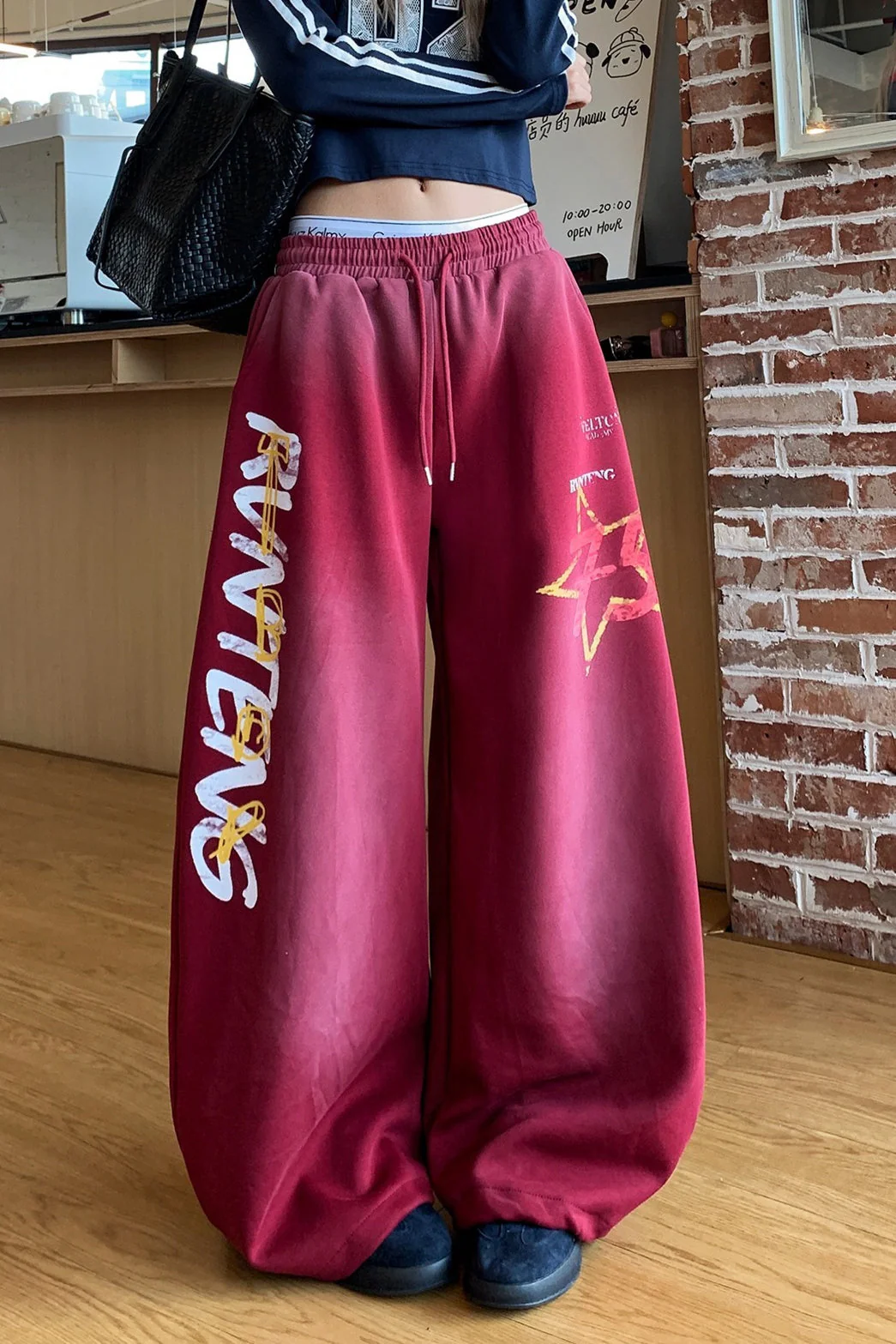 Retro High Waist Drawcord Graphic Sweat Pants - Image 8
