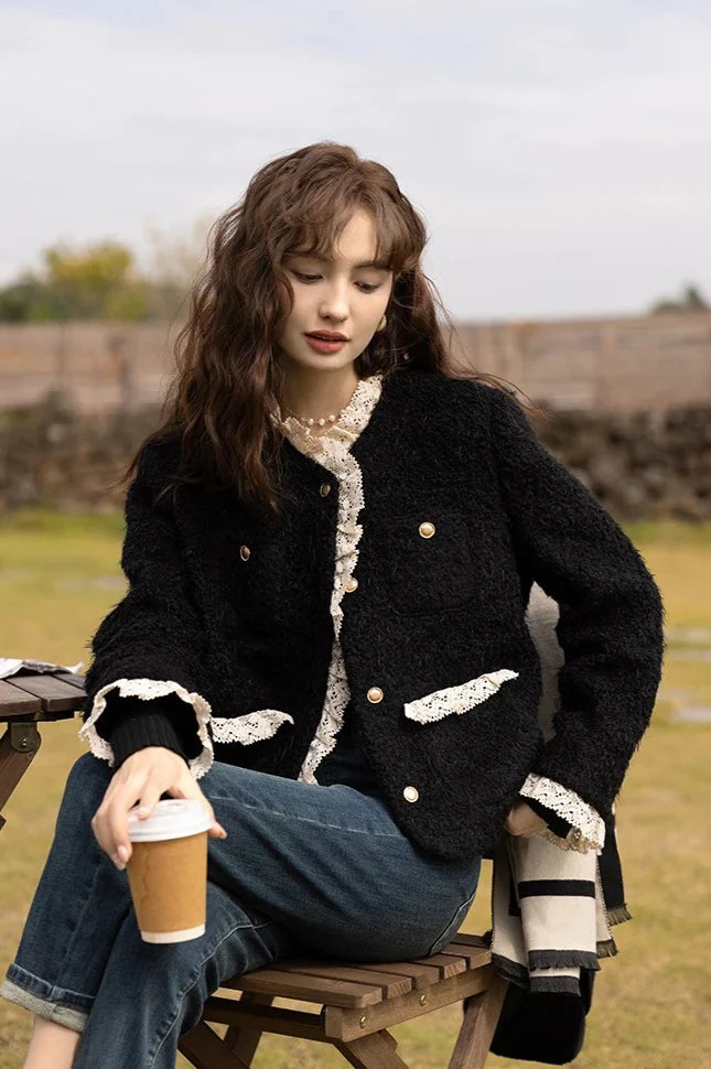 Retro Lace Splicing Wool Jacket - Image 6