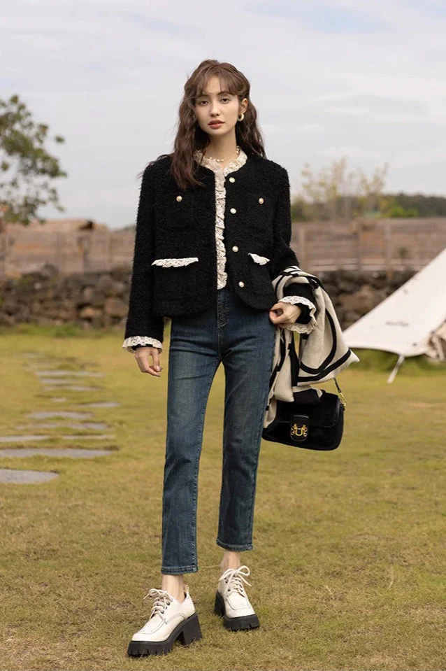 Retro Lace Splicing Wool Jacket - Image 7