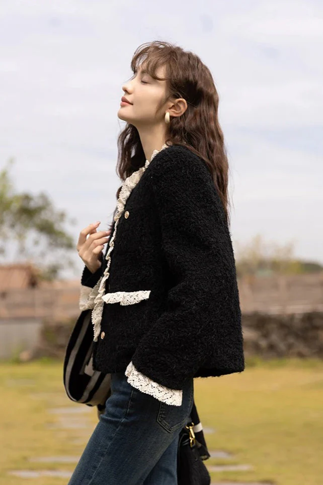 Retro Lace Splicing Wool Jacket - Image 8