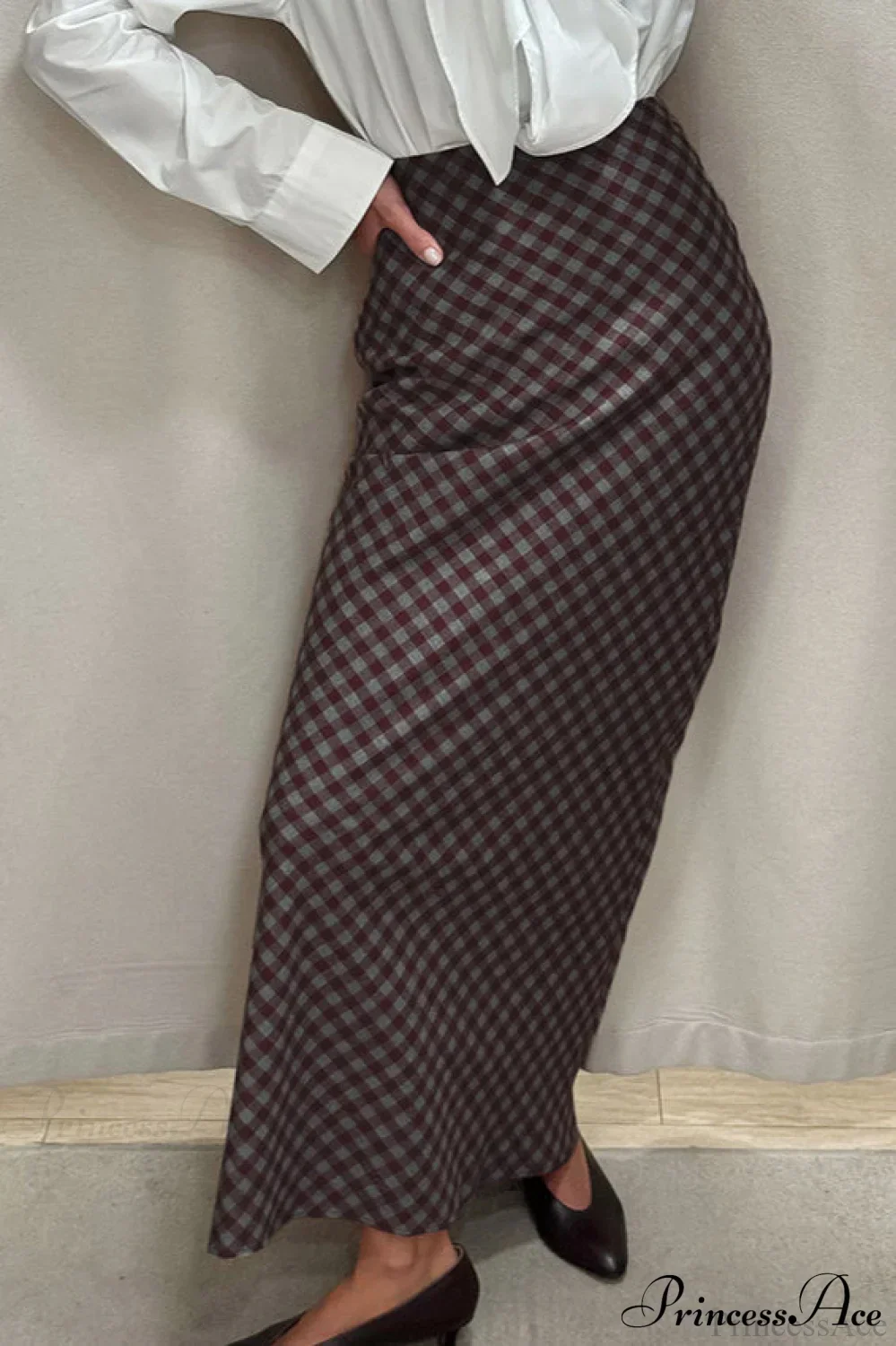 Retro Plaid Cotton Maxi Straight Skirt - Image 2