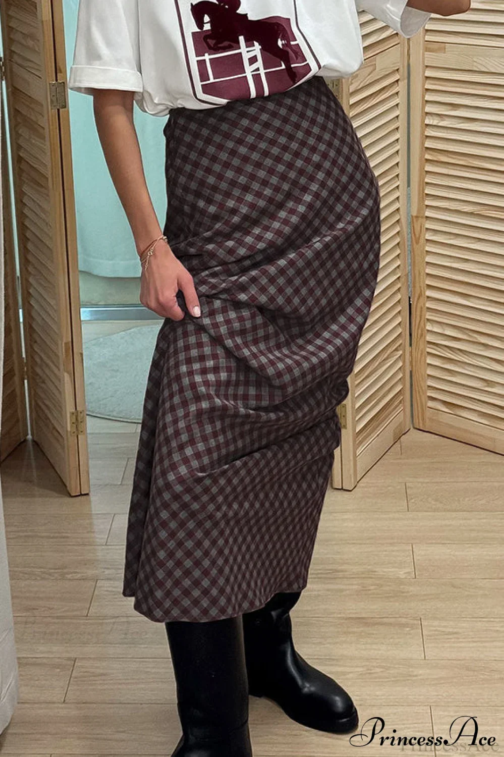 Retro Plaid Cotton Maxi Straight Skirt - Image 3