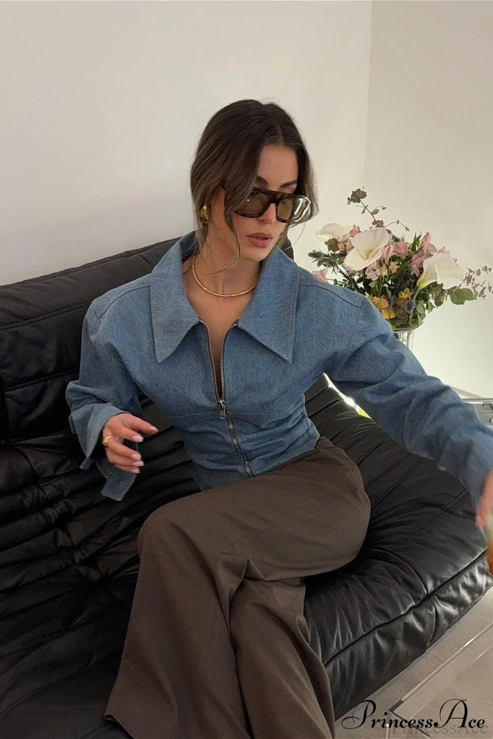 Retro Polo Collar Denim Zip Blouse