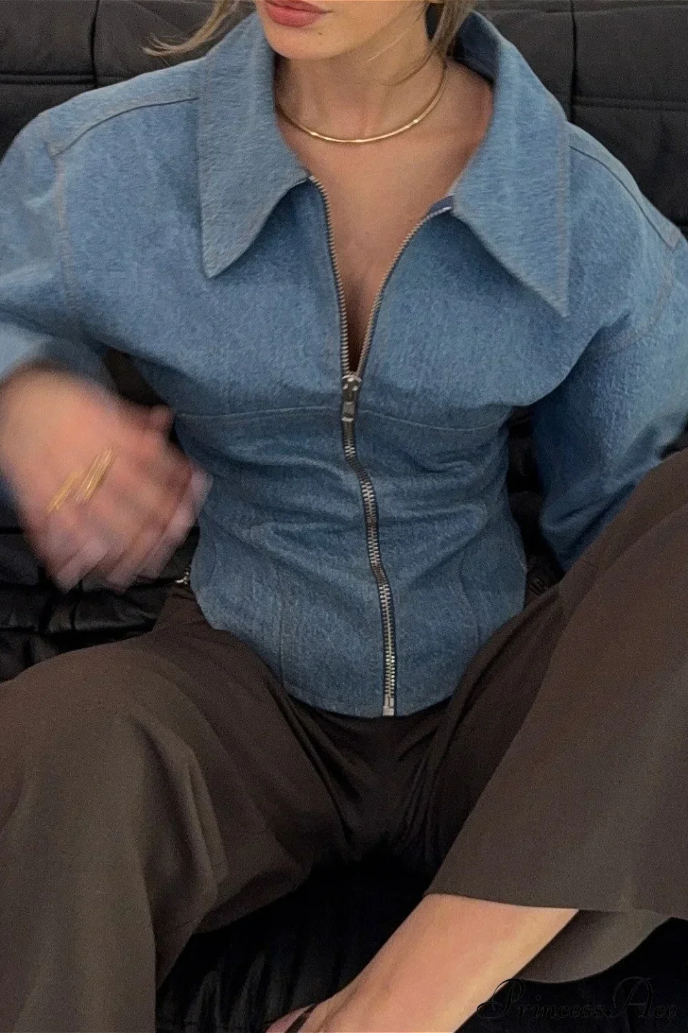 Retro Polo Collar Denim Zip Blouse - Image 2