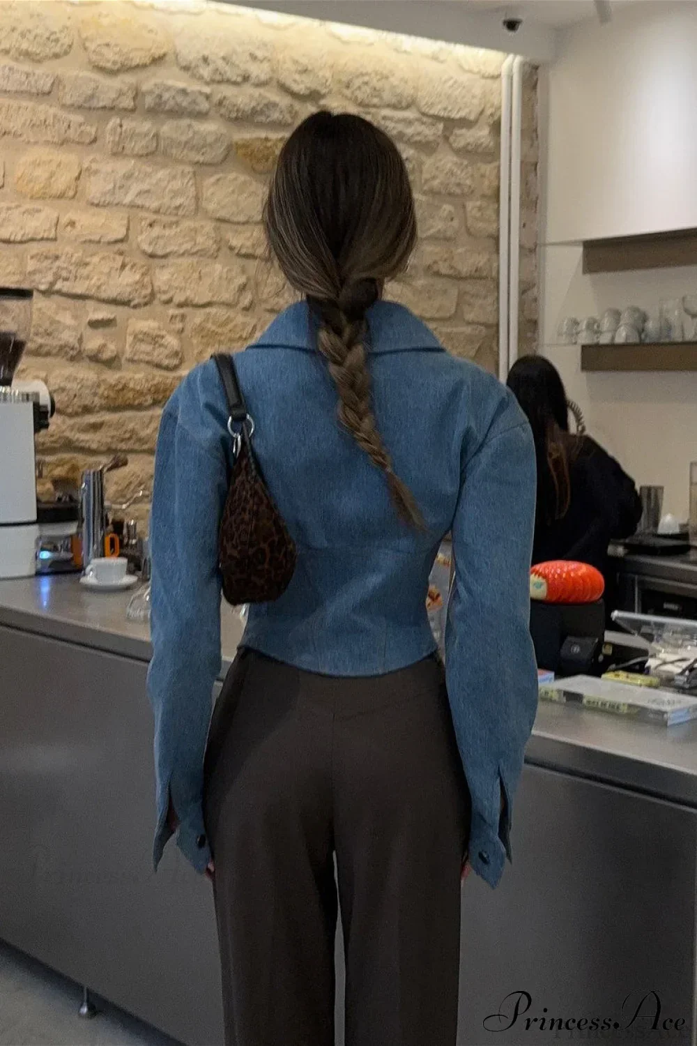Retro Polo Collar Denim Zip Blouse - Image 3