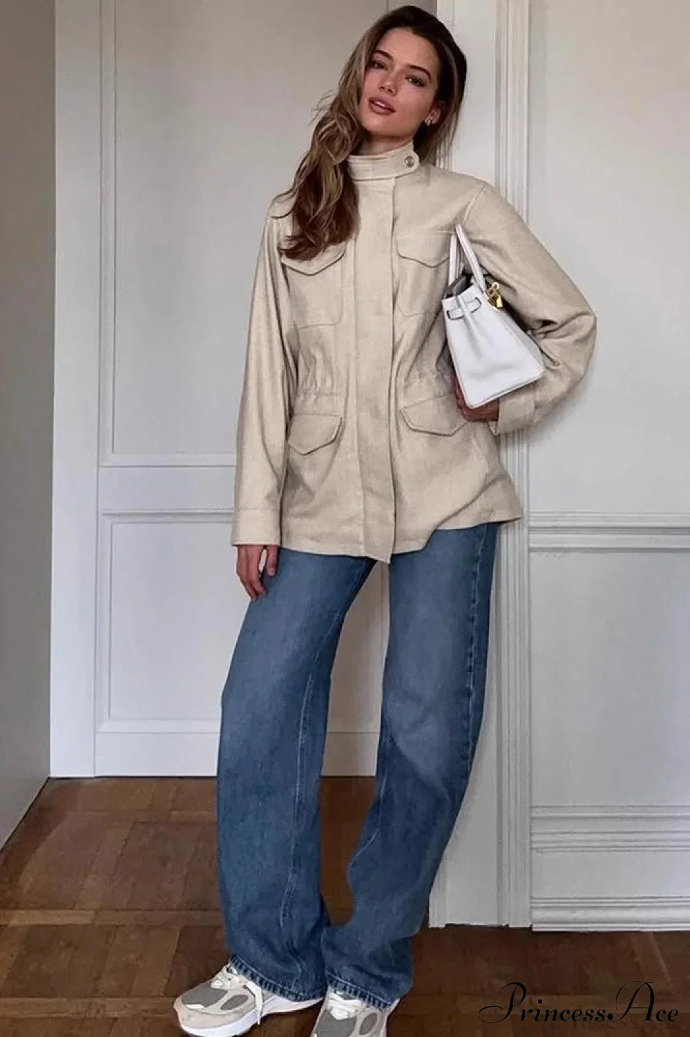 Retro Solid Collared Elastic-Waist Long-Sleeve Trench Jacket - Image 3