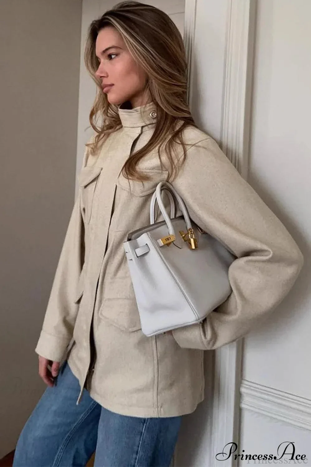 Retro Solid Collared Elastic-Waist Long-Sleeve Trench Jacket - Image 4