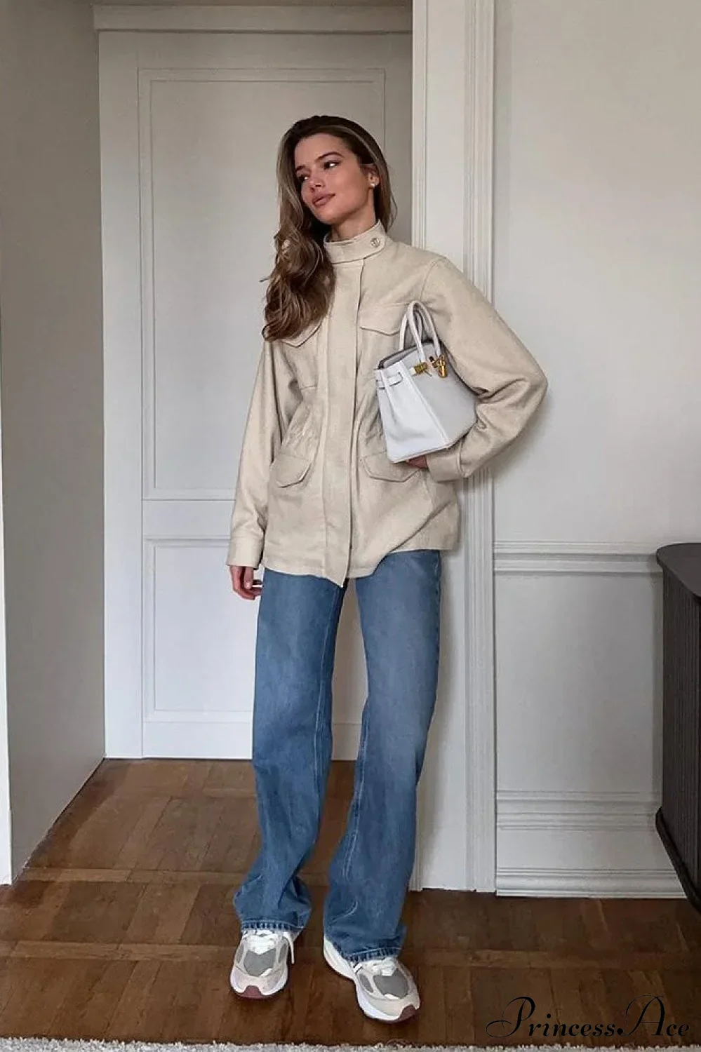 Retro Solid Collared Elastic-Waist Long-Sleeve Trench Jacket - Image 5