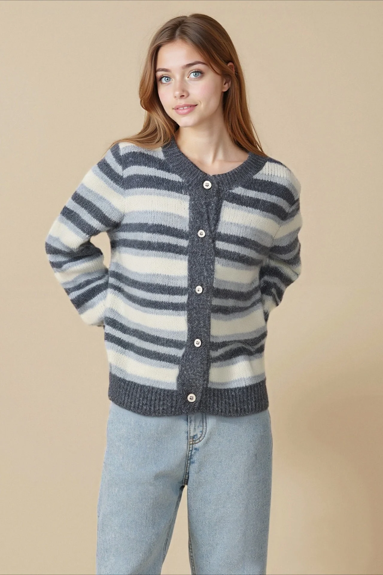 Retro Stripe Color Block Loose Slim Crew Neck Knit Cardigan - Image 2