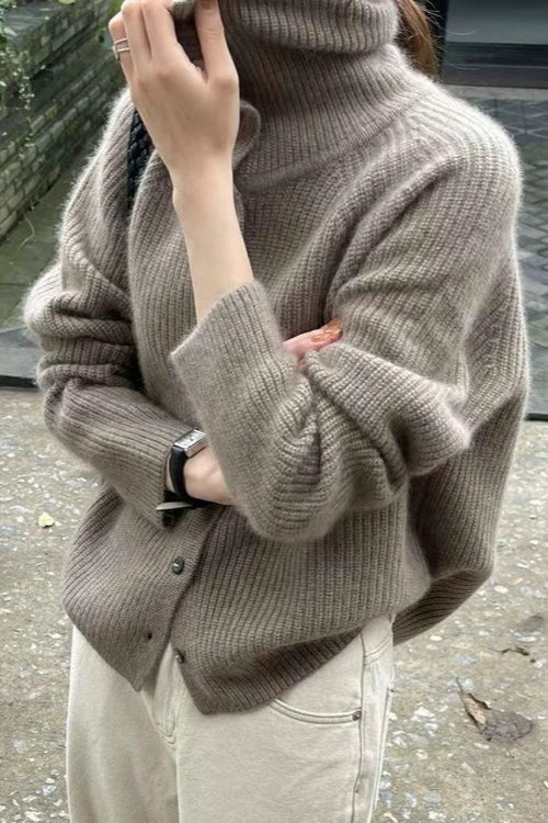 Retro Textured Rib Slim-Fit Single-Row Button Loose Solid Knit Cardigan - Image 2