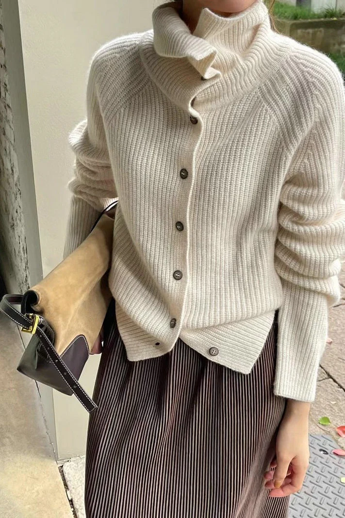 Retro Textured Rib Slim-Fit Single-Row Button Loose Solid Knit Cardigan - Image 4