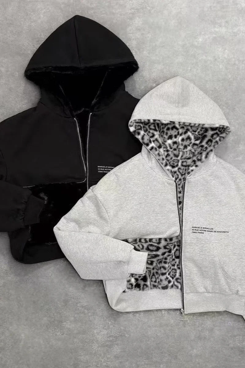 Reversible Vintage Leopard Zipper Hoodie - Image 4