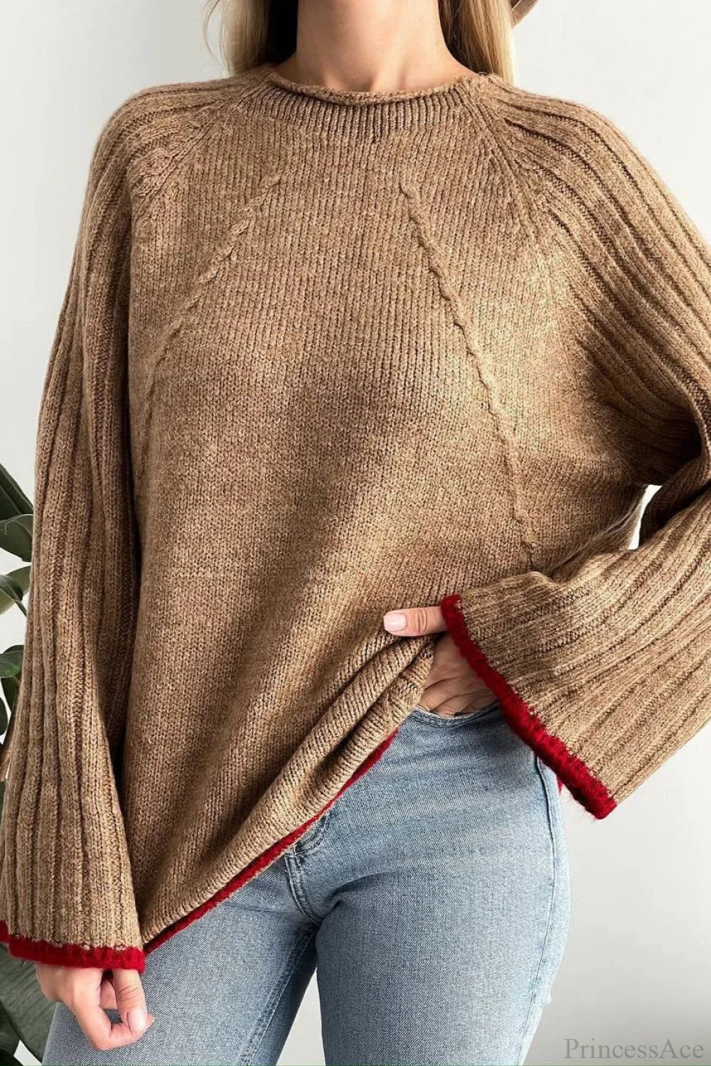rewneck Ribbed Base Bell Sleeve Loose Sweater - Image 2