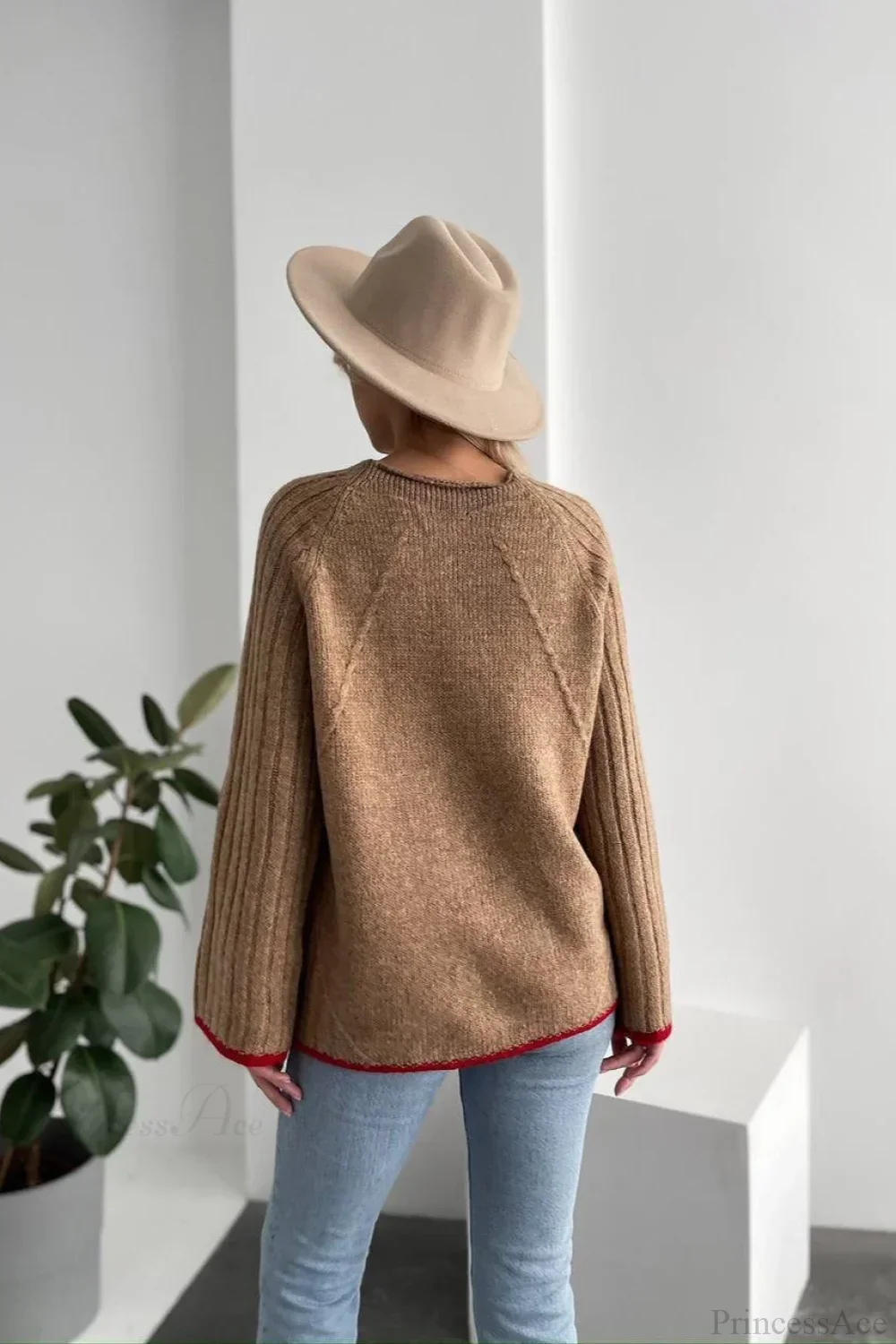 rewneck Ribbed Base Bell Sleeve Loose Sweater - Image 3