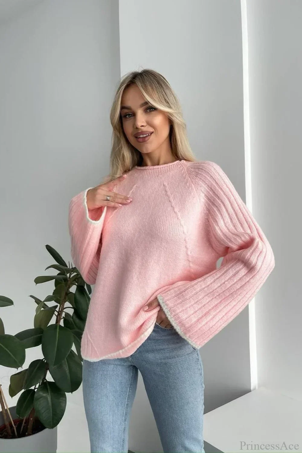 rewneck Ribbed Base Bell Sleeve Loose Sweater - Image 4
