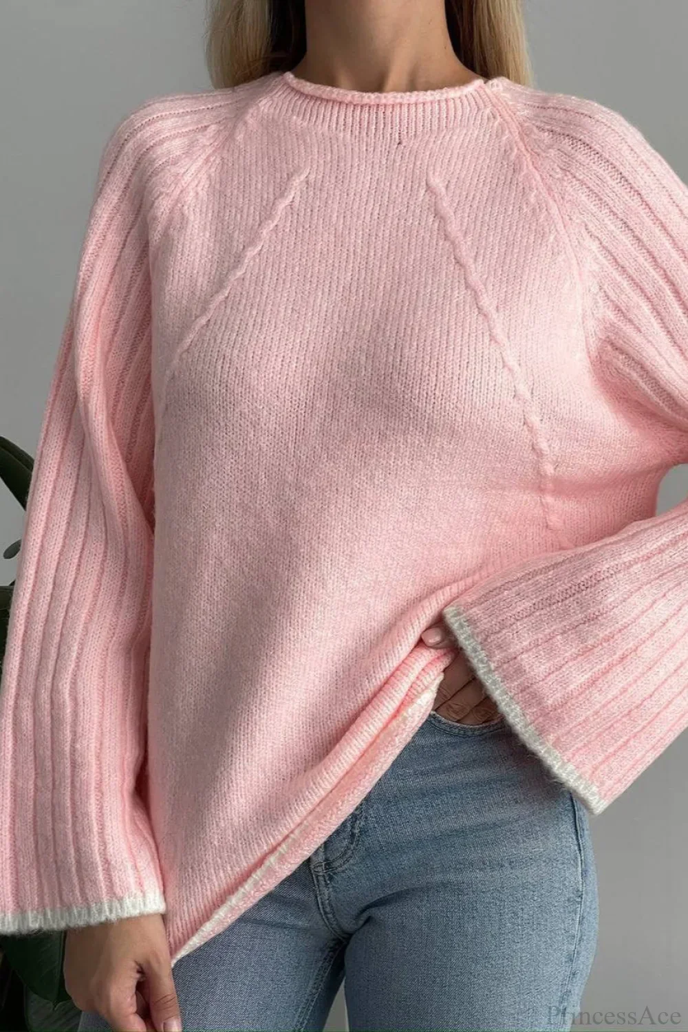 rewneck Ribbed Base Bell Sleeve Loose Sweater - Image 5