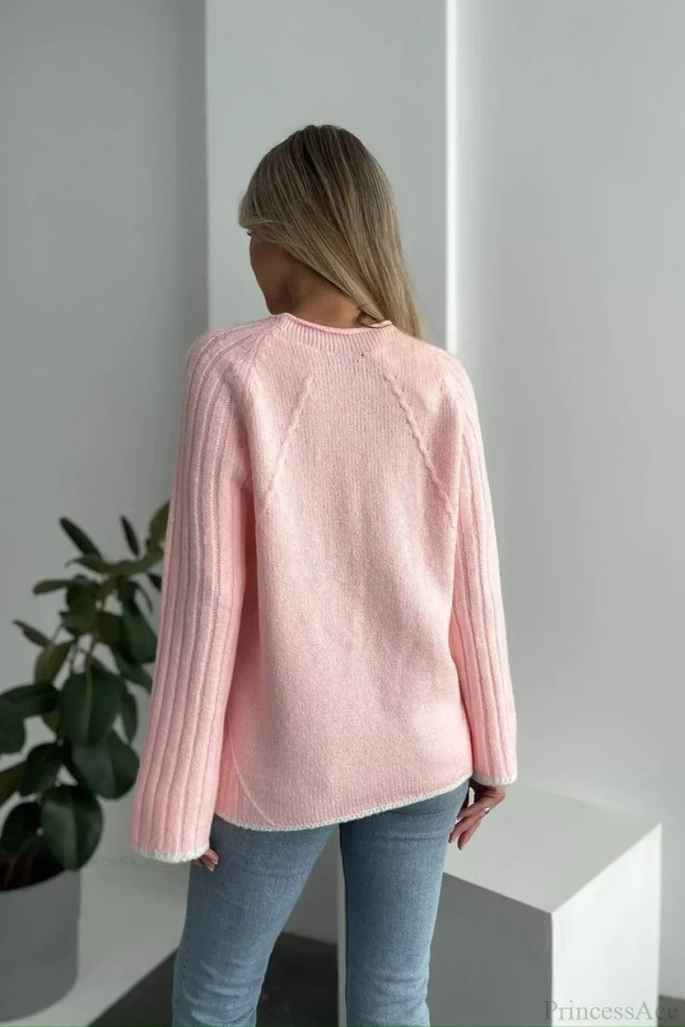 rewneck Ribbed Base Bell Sleeve Loose Sweater - Image 6