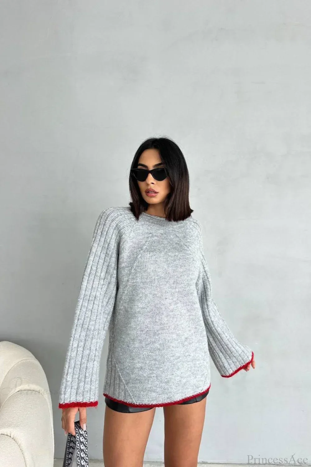 rewneck Ribbed Base Bell Sleeve Loose Sweater - Image 7