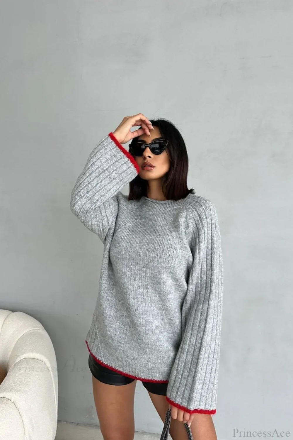 rewneck Ribbed Base Bell Sleeve Loose Sweater - Image 8