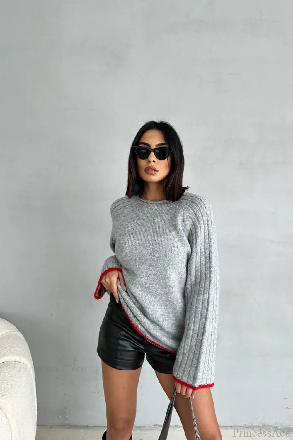 rewneck Ribbed Base Bell Sleeve Loose Sweater - Image 9