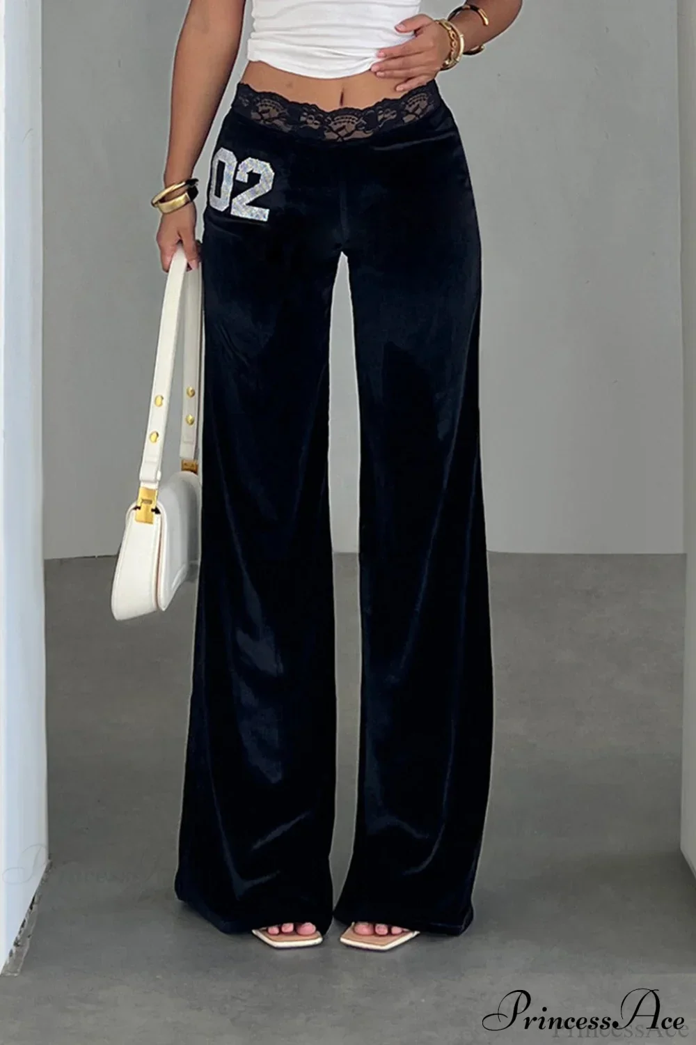 Rhinestone Lace Waist Patchwork Velvet Pants - Image 2