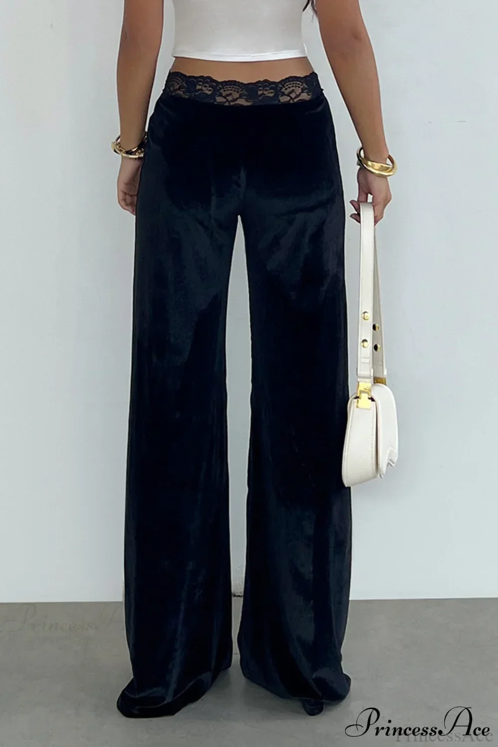 Rhinestone Lace Waist Patchwork Velvet Pants - Image 3