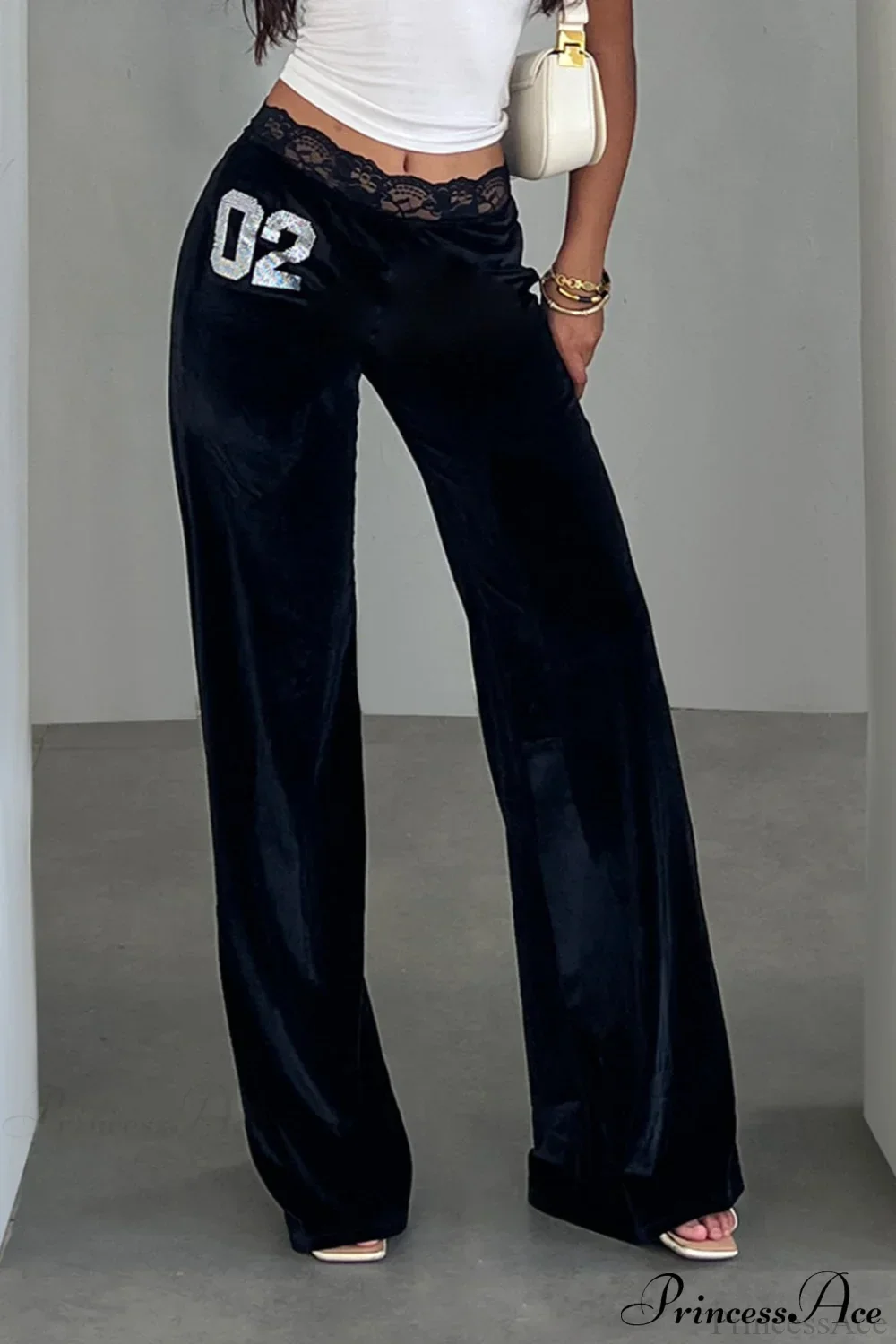 Rhinestone Lace Waist Patchwork Velvet Pants - Image 4