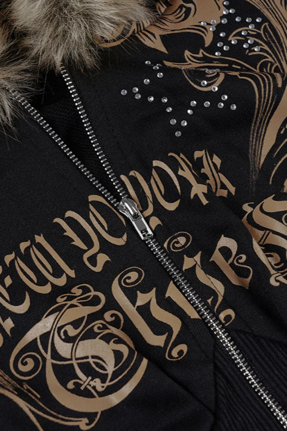 Rhinestone Printed Irregular Zipper Slim Fleece Hoodie - Image 4
