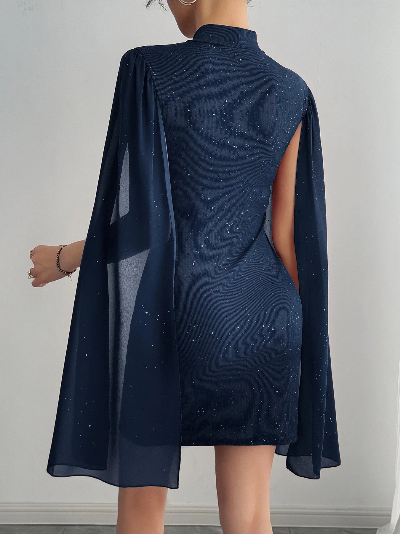 Rhinestone Spliced Round Neck Slim Fit Mini Dress - Image 6
