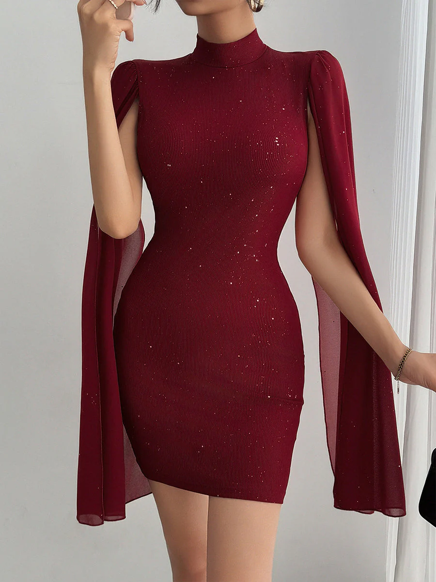 Rhinestone Spliced Round Neck Slim Fit Mini Dress - Image 9