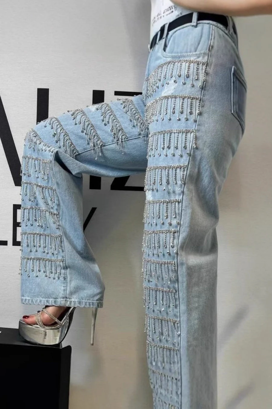 Rhinestone Tassel Straight Leg Jeans - Image 3