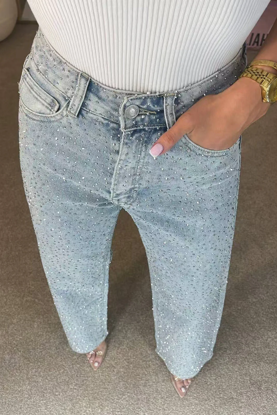 Rhinestone Washed High Waist Jeans - Image 2