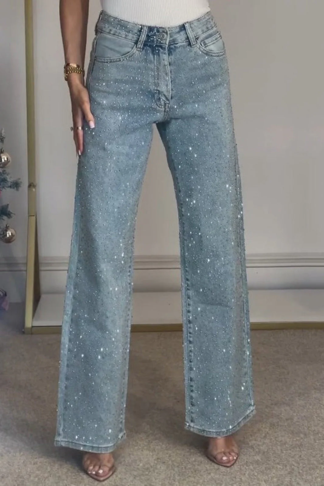 Rhinestone Washed High Waist Jeans - Image 3
