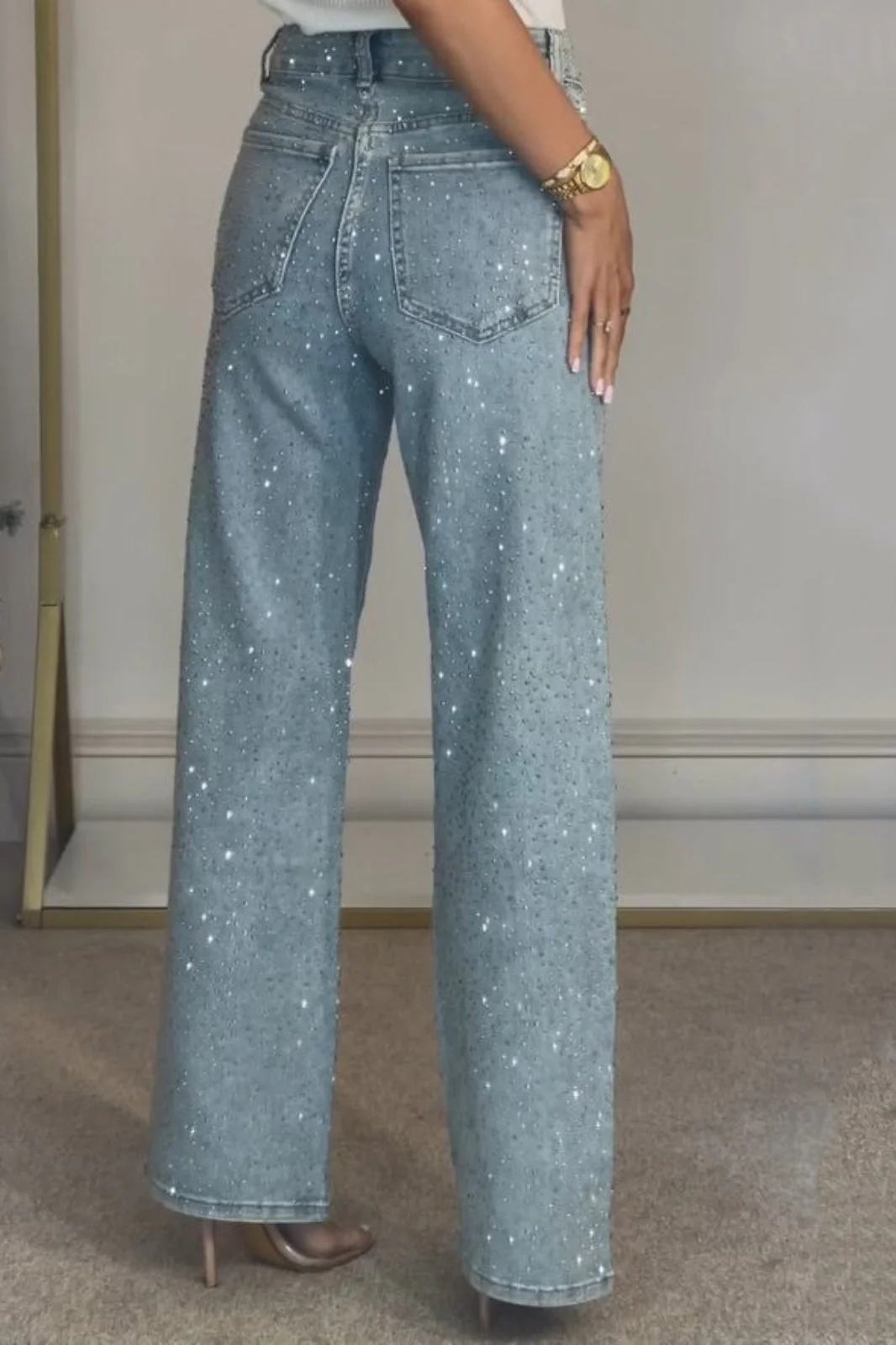 Rhinestone Washed High Waist Jeans - Image 4