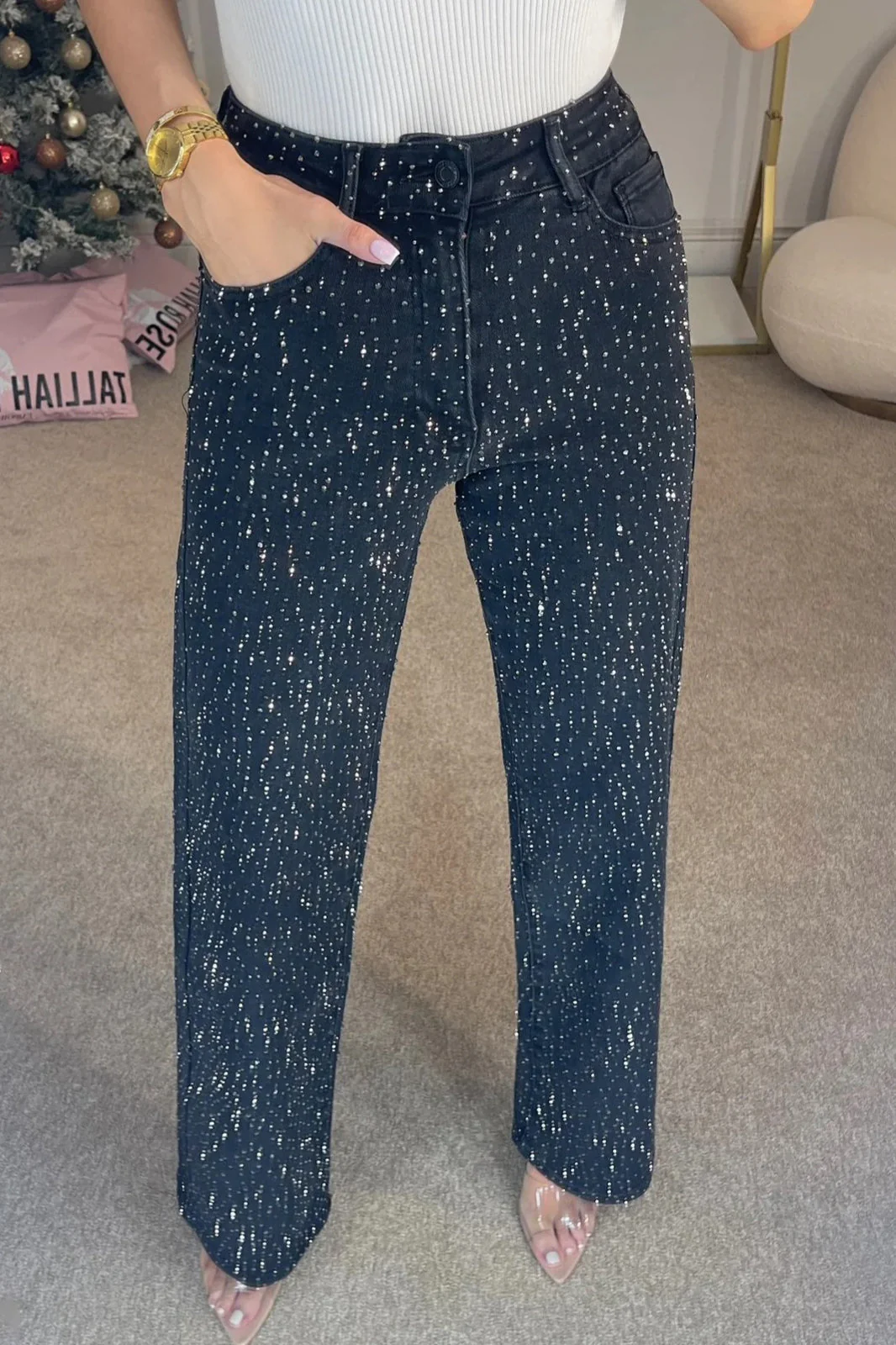 Rhinestone Washed High Waist Jeans - Image 5