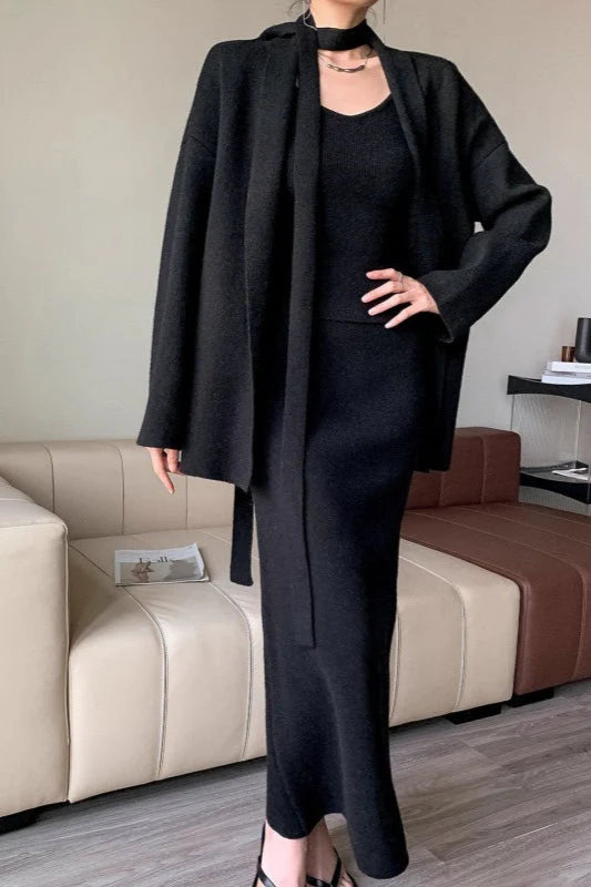 Ribbed High-End Knit Cardigan Tank Wide-Leg Pants Three Piece Set - Image 10