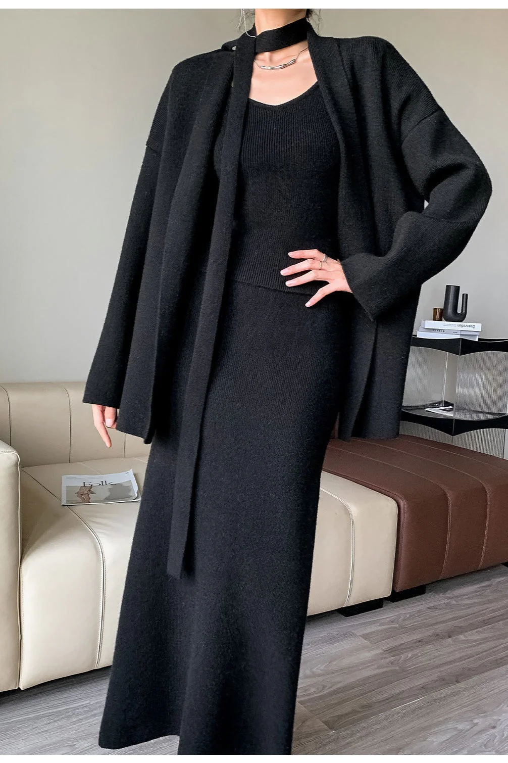 Ribbed High-End Knit Cardigan Tank Wide-Leg Pants Three Piece Set - Image 11